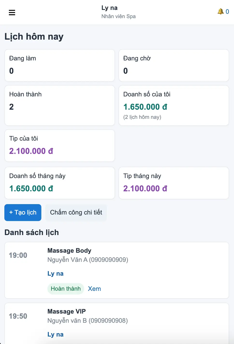 Nhân viên quản lý Tour dịch vụ của mình, các tour đã làm và sắp làm