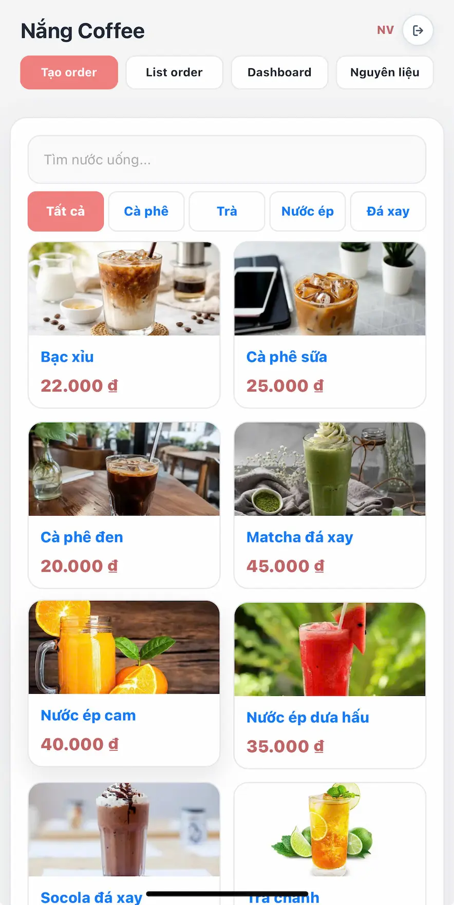 Giao diện Order nước uống