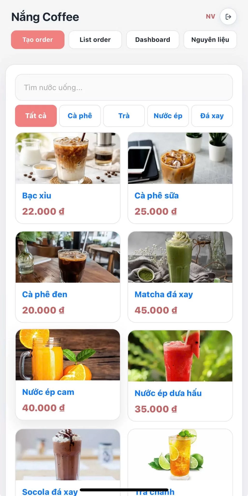 Màn hình order nước uống